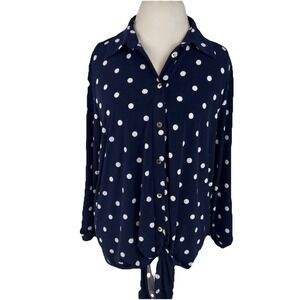 NYGARD 2X Blouse Top Navy Blue White Polka Dot Tie-Front Roll Tab Sleeve Women's